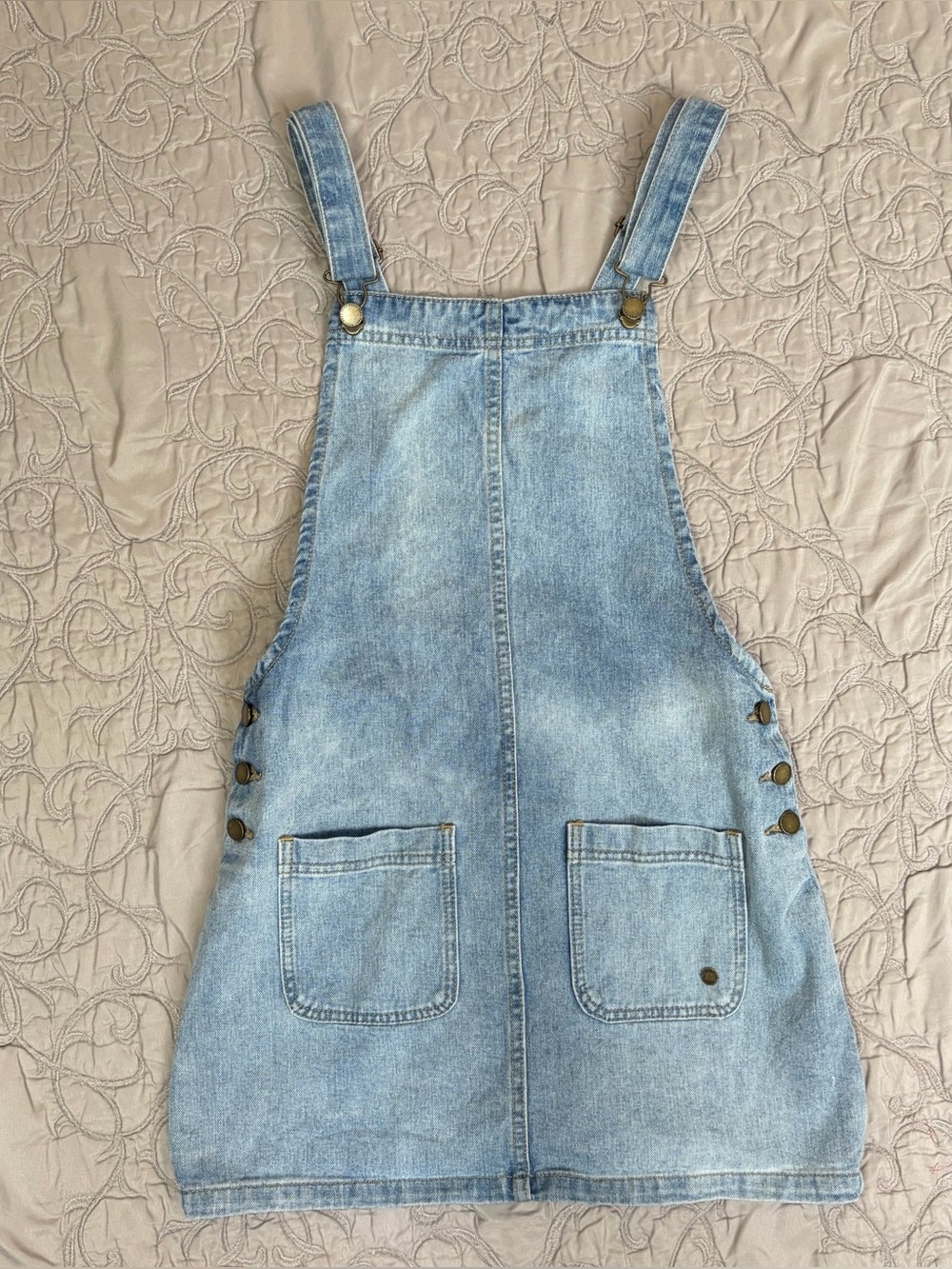 Roxy Overall Dress Small Blue Denim 100% Cotton Mini Festival Pockets Adjustable
